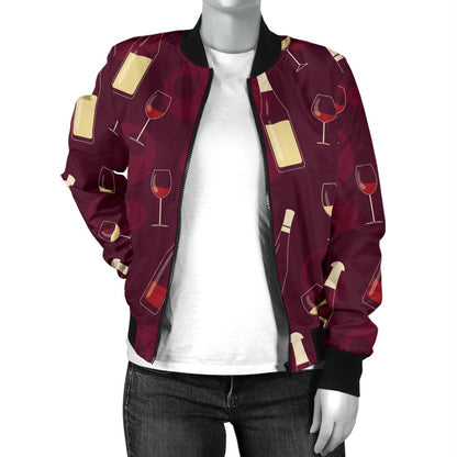 Wine Themed Pattern Print Women Casual Bomber Jacket