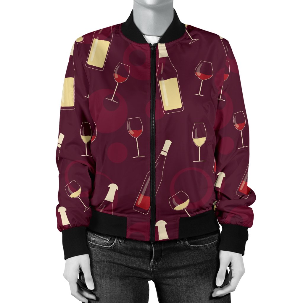 Wine Themed Pattern Print Women Casual Bomber Jacket