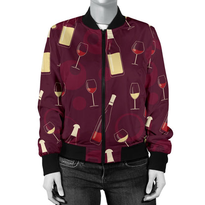 Wine Themed Pattern Print Women Casual Bomber Jacket