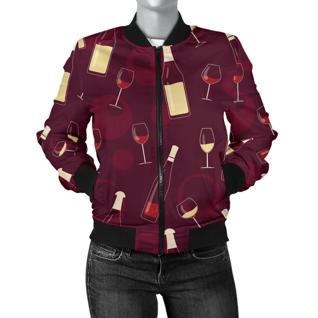 Wine Themed Pattern Print Women Casual Bomber Jacket