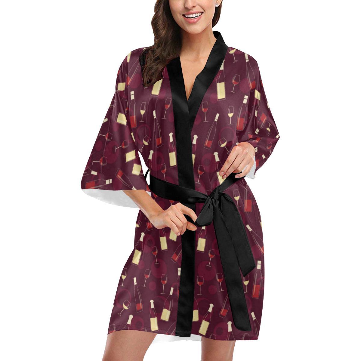Wine Themed Pattern Print Women Short Kimono Robe