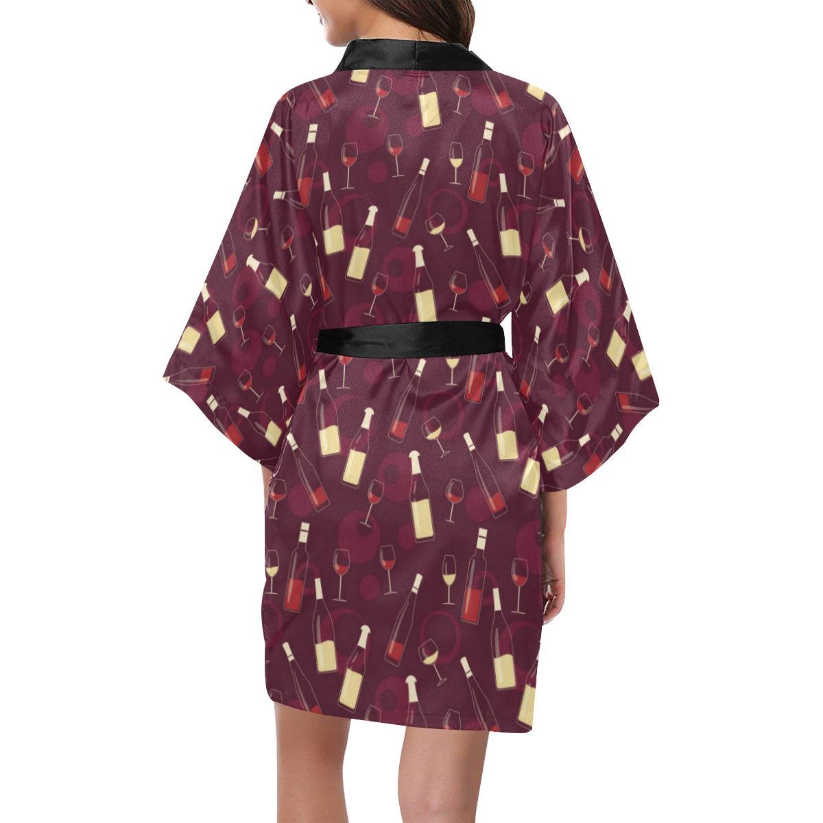 Wine Themed Pattern Print Women Short Kimono Robe