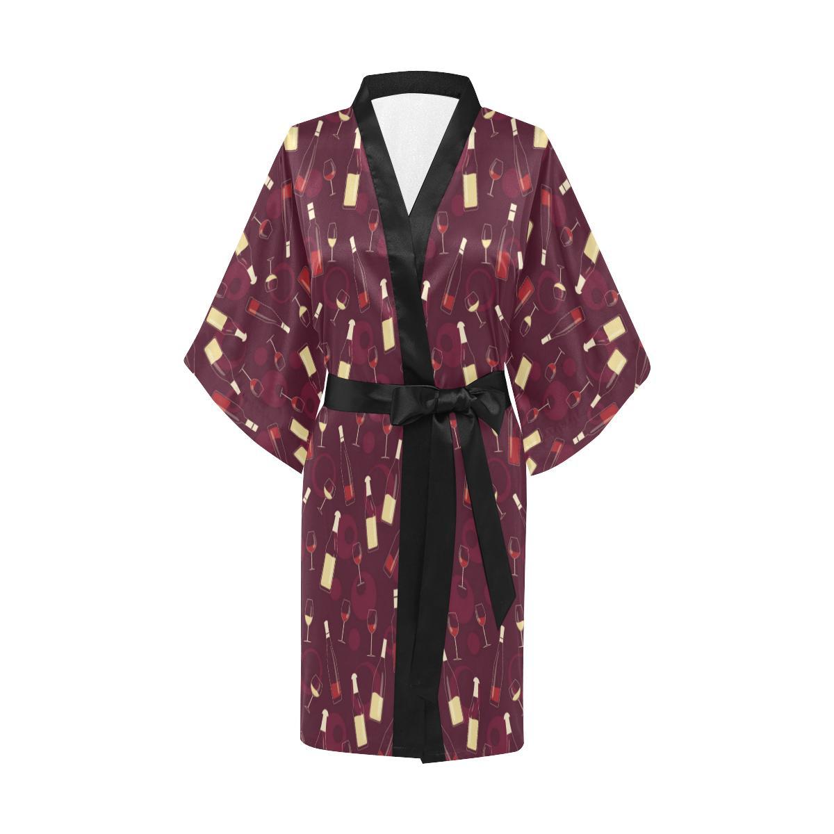 Wine Themed Pattern Print Women Short Kimono Robe