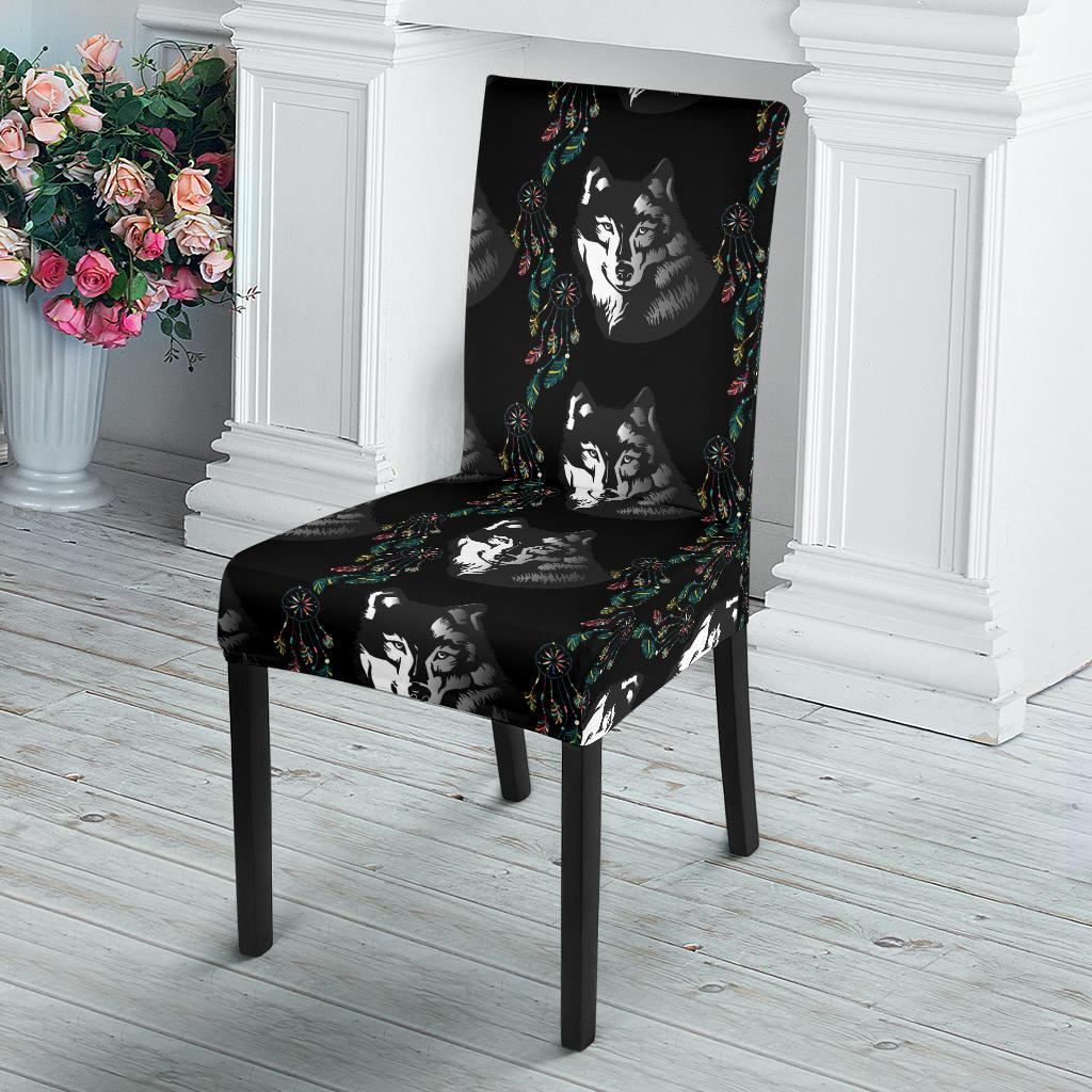 Wolf Black Dream Catcher Design Print Dining Chair Slipcover-JTAMIGO.COM