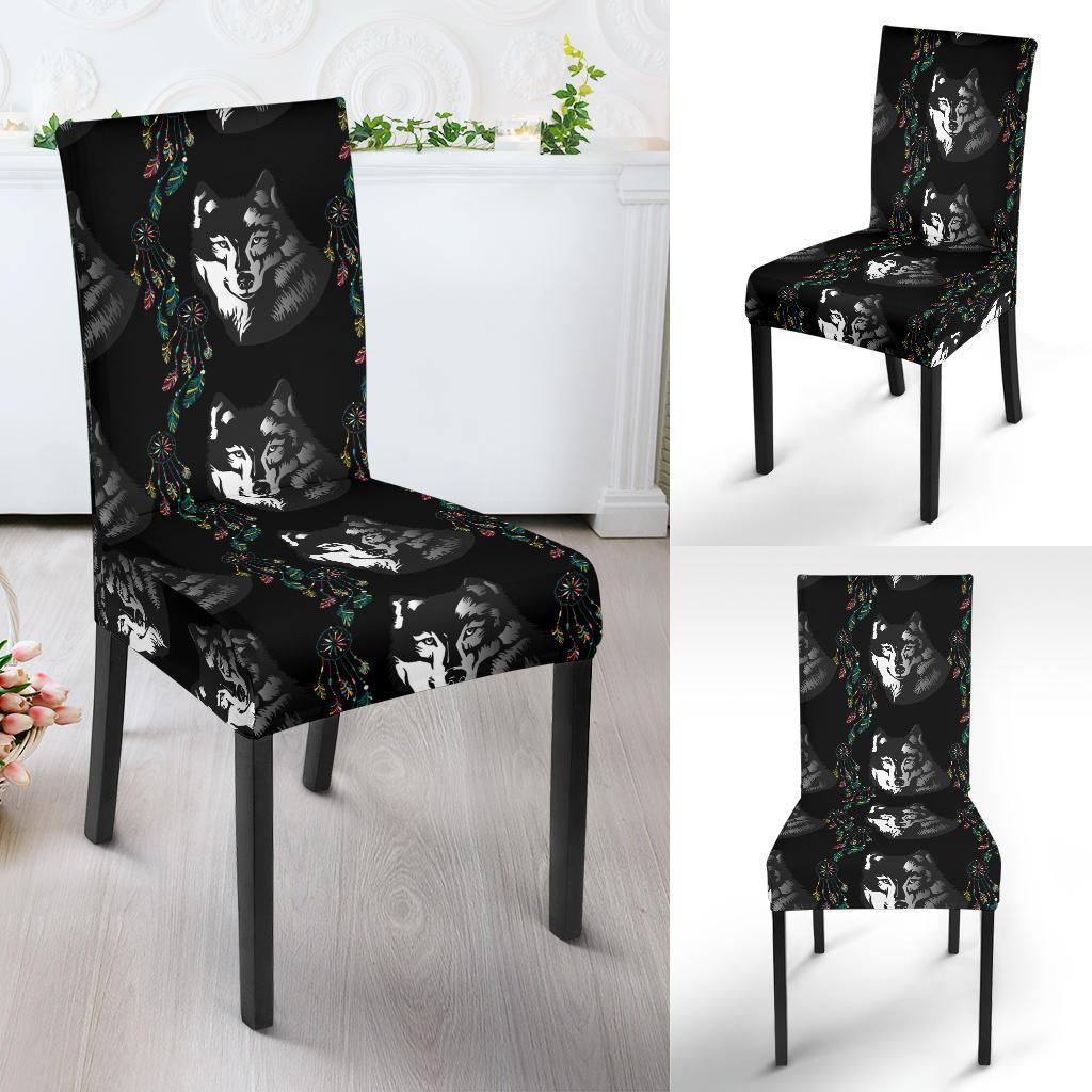 Wolf Black Dream Catcher Design Print Dining Chair Slipcover-JTAMIGO.COM