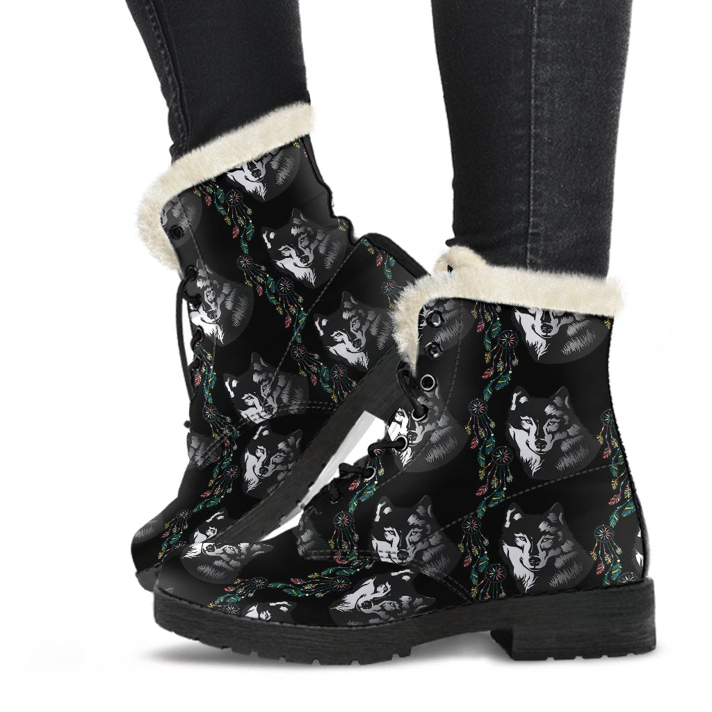 Wolf Black Dream Catcher Design Print Faux Fur Leather Boots-JTAMIGO.COM