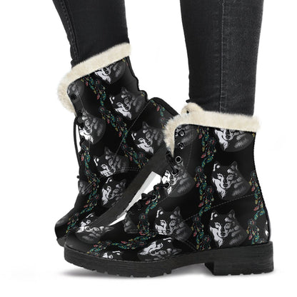 Wolf Black Dream Catcher Design Print Faux Fur Leather Boots-JTAMIGO.COM