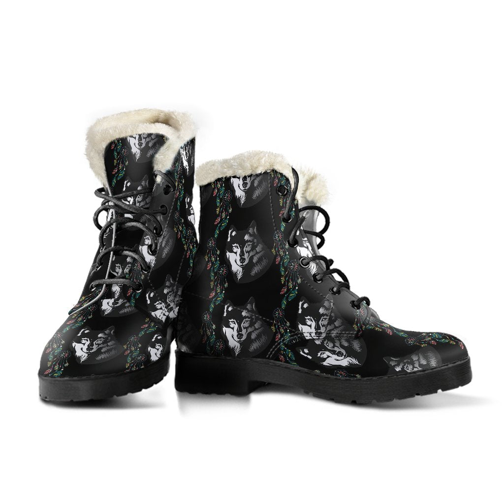 Wolf Black Dream Catcher Design Print Faux Fur Leather Boots-JTAMIGO.COM