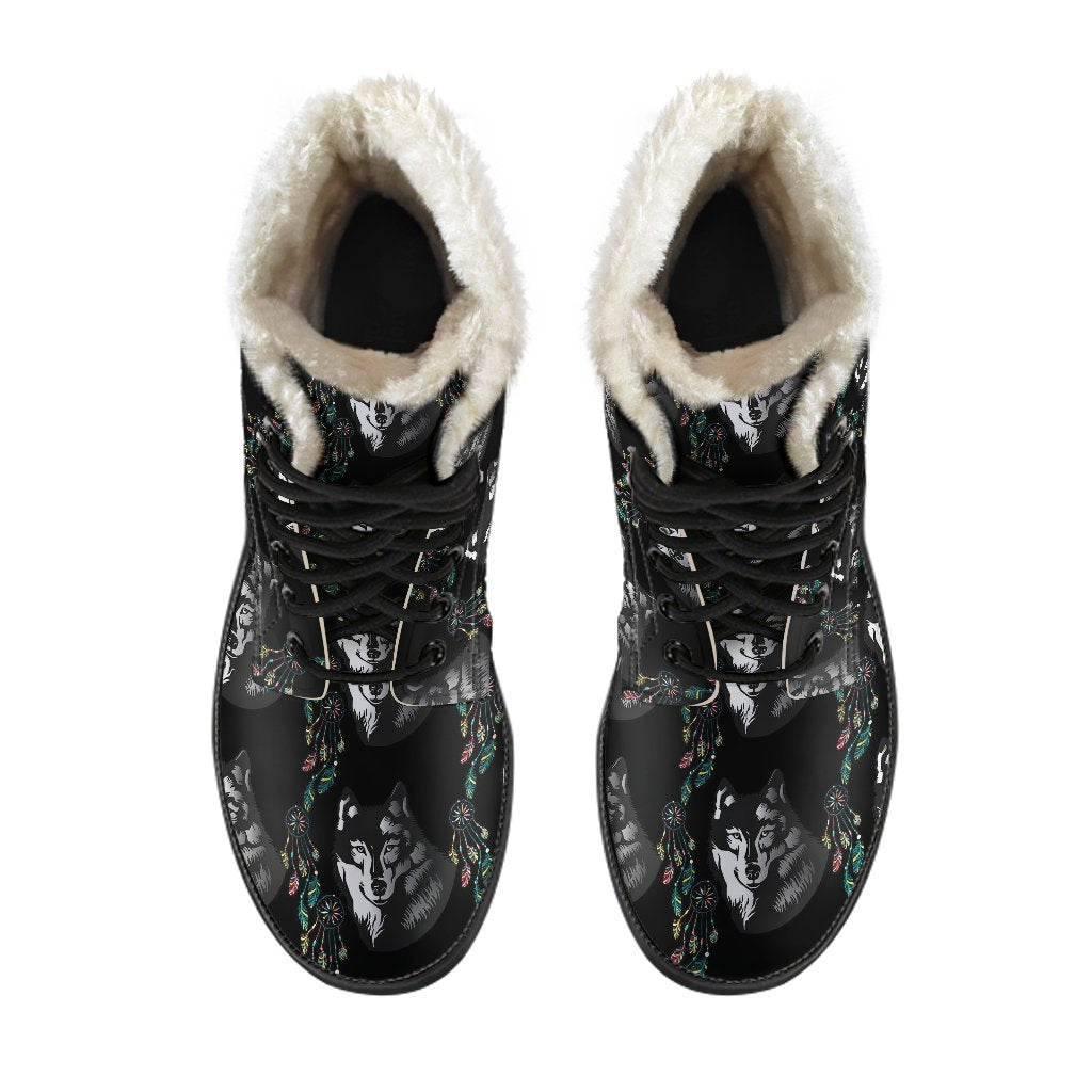 Wolf Black Dream Catcher Design Print Faux Fur Leather Boots-JTAMIGO.COM