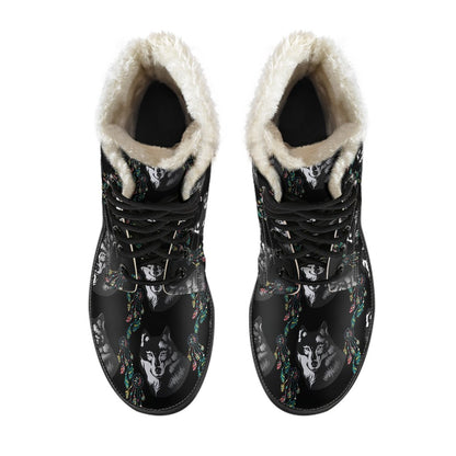 Wolf Black Dream Catcher Design Print Faux Fur Leather Boots-JTAMIGO.COM