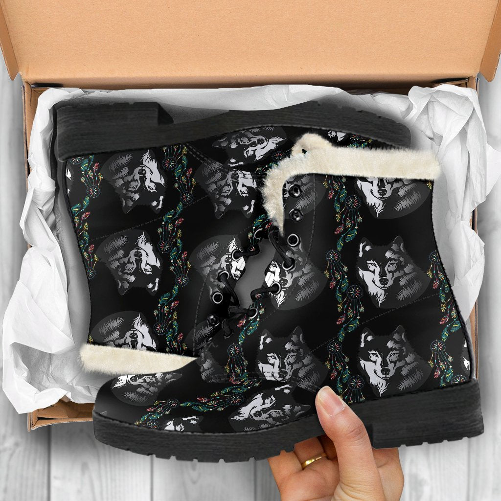 Wolf Black Dream Catcher Design Print Faux Fur Leather Boots-JTAMIGO.COM