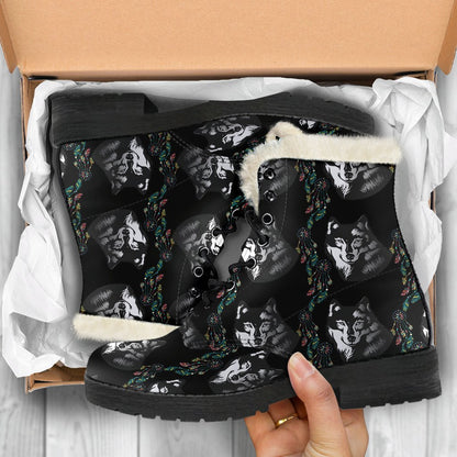 Wolf Black Dream Catcher Design Print Faux Fur Leather Boots-JTAMIGO.COM