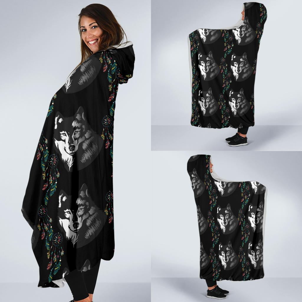 Wolf Black Dream Catcher Design Print Hooded Blanket-JTAMIGO.COM