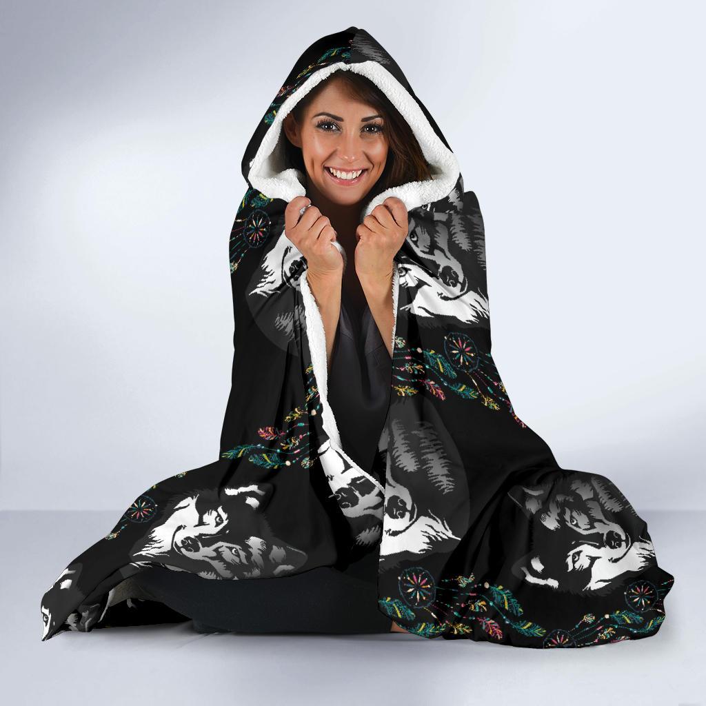 Wolf Black Dream Catcher Design Print Hooded Blanket-JTAMIGO.COM