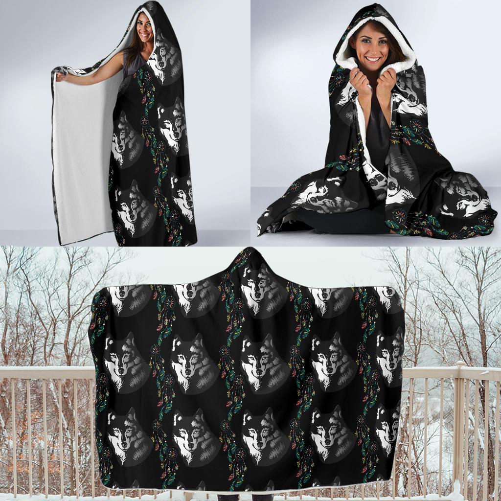 Wolf Black Dream Catcher Design Print Hooded Blanket-JTAMIGO.COM