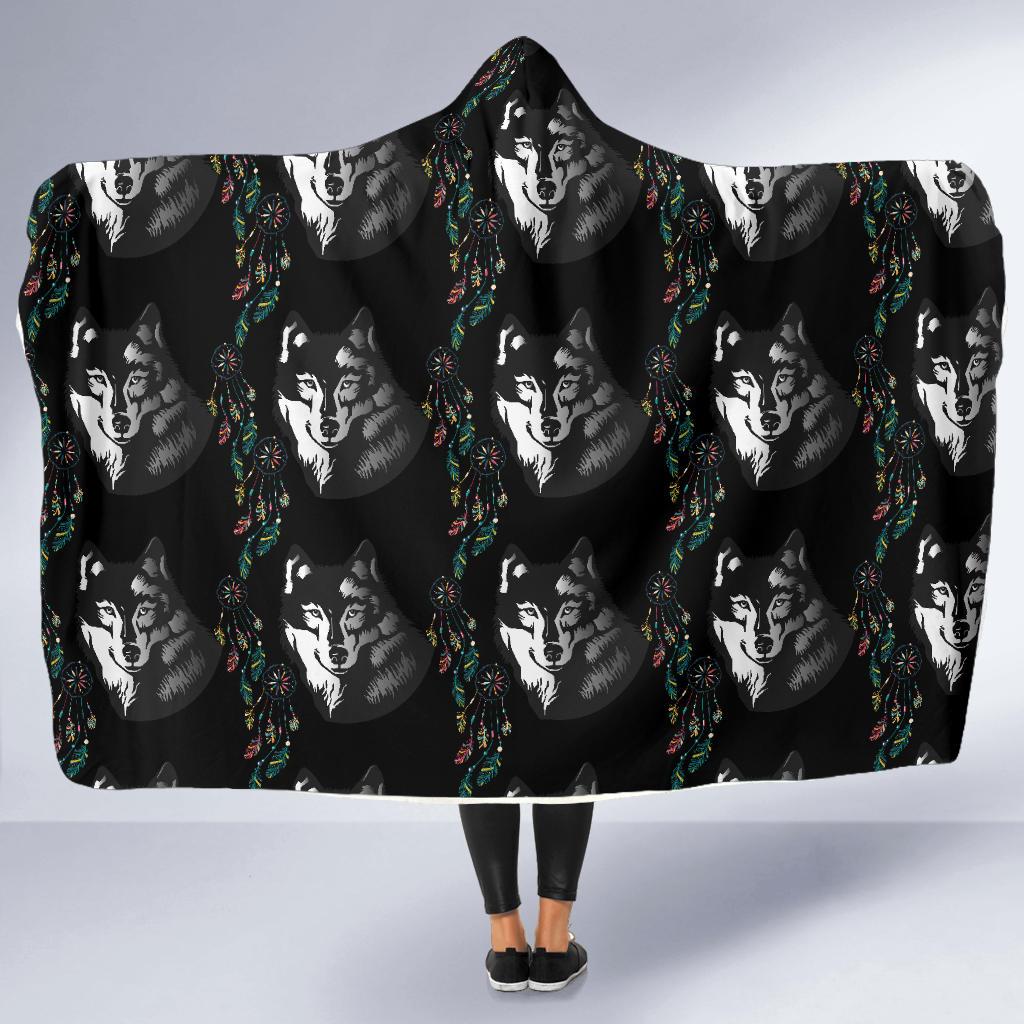 Wolf Black Dream Catcher Design Print Hooded Blanket-JTAMIGO.COM