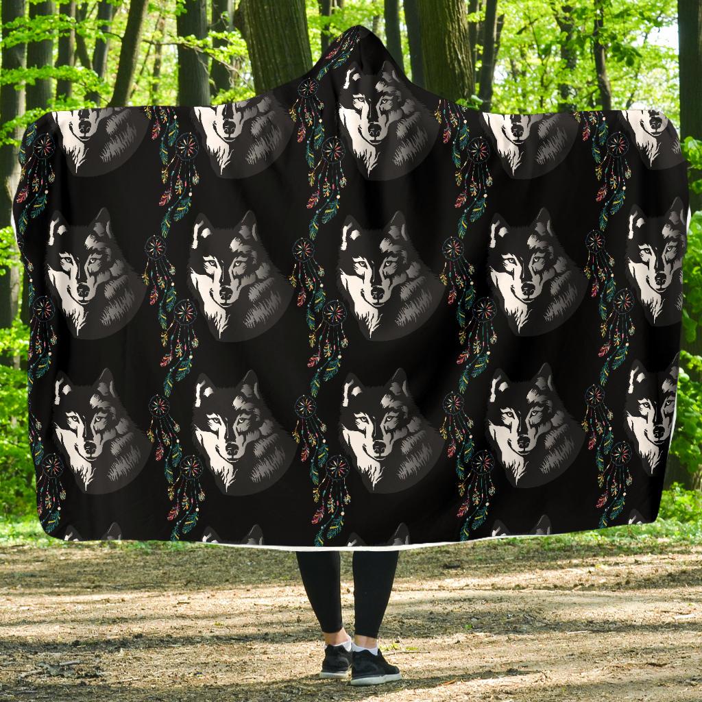 Wolf Black Dream Catcher Design Print Hooded Blanket-JTAMIGO.COM