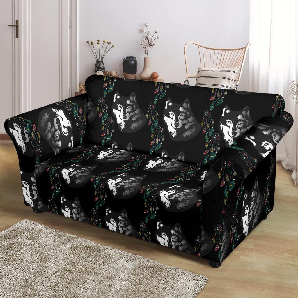Wolf Black Dream Catcher Design Print Loveseat Slipcover-JTAMIGO.COM