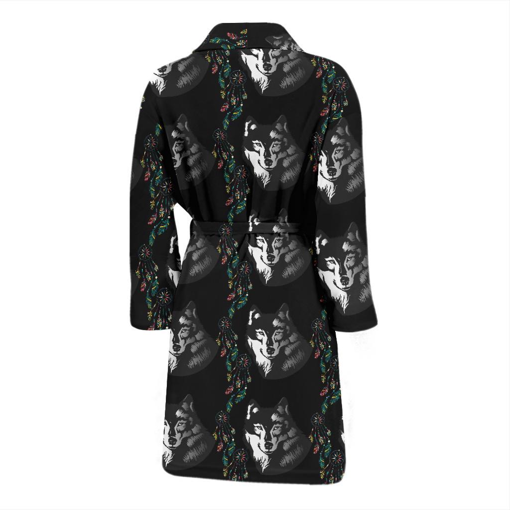 Wolf Black Dream Catcher Design Print Men Bath Robe-JTAMIGO.COM