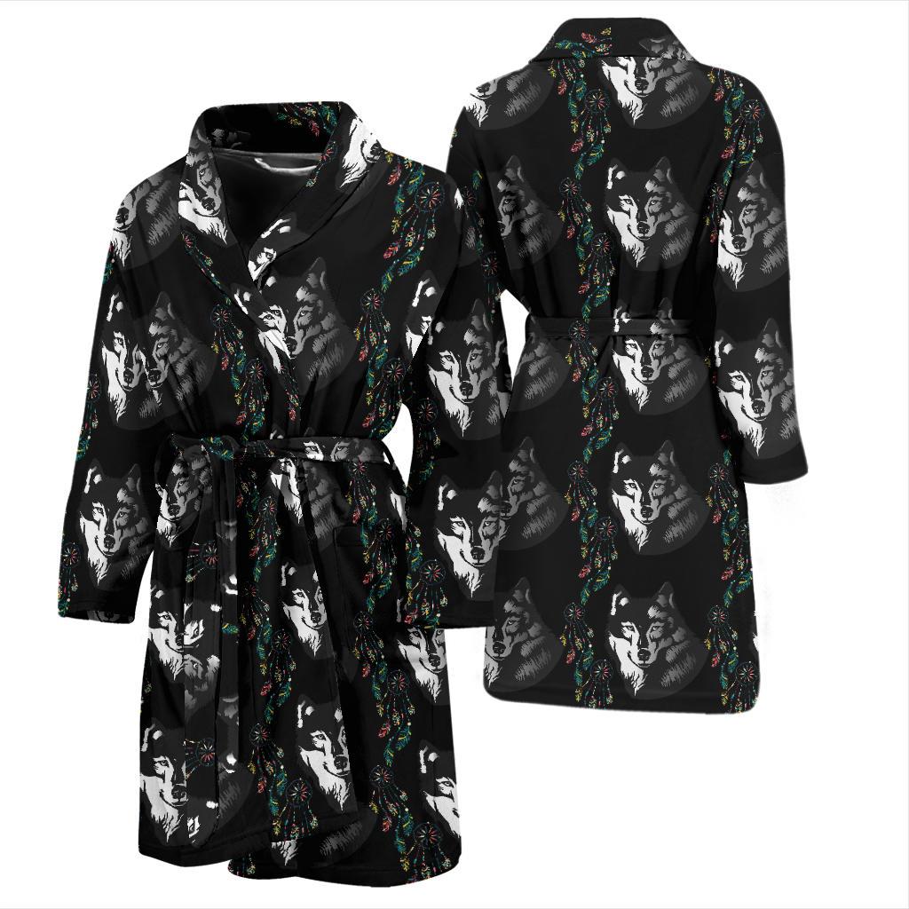 Wolf Black Dream Catcher Design Print Men Bath Robe-JTAMIGO.COM