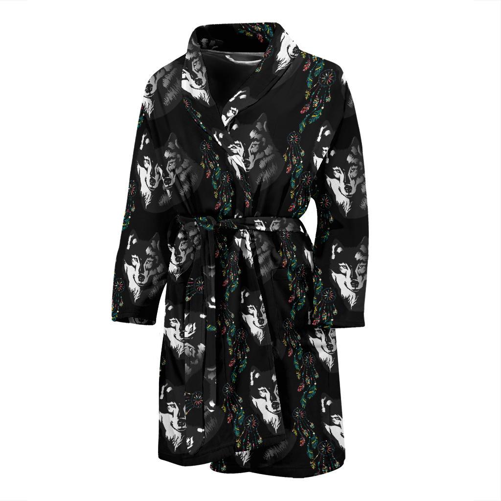 Wolf Black Dream Catcher Design Print Men Bath Robe-JTAMIGO.COM