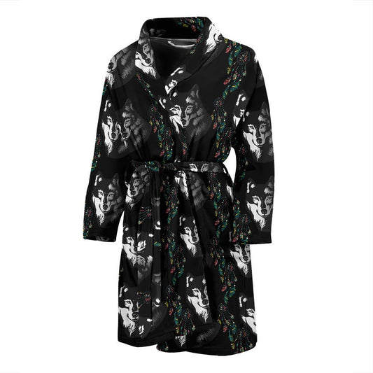 Wolf Black Dream Catcher Design Print Men Bath Robe-JTAMIGO.COM