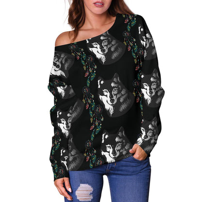 Wolf Black Dream Catcher Design Print Off Shoulder Sweatshirt