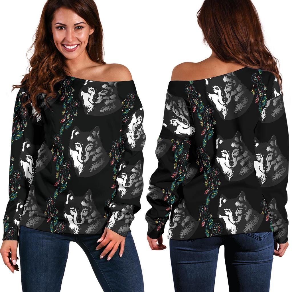 Wolf Black Dream Catcher Design Print Off Shoulder Sweatshirt