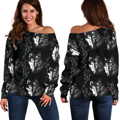 Wolf Black Dream Catcher Design Print Off Shoulder Sweatshirt