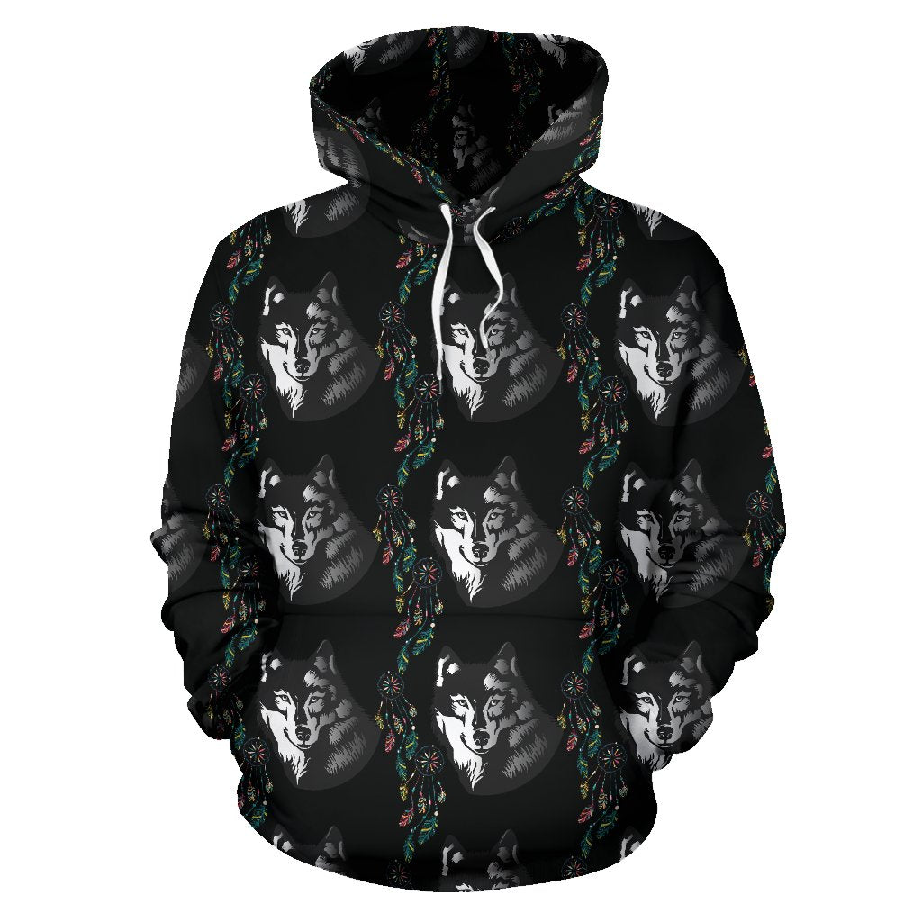 Wolf Black Dream Catcher Design Print Pullover Hoodie