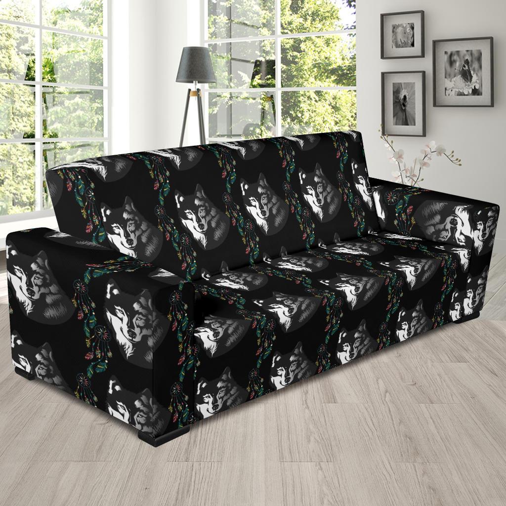 Wolf Black Dream Catcher Design Print Sofa Slipcover-JTAMIGO.COM
