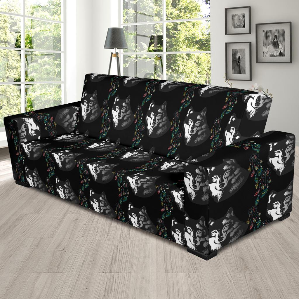 Wolf Black Dream Catcher Design Print Sofa Slipcover-JTAMIGO.COM