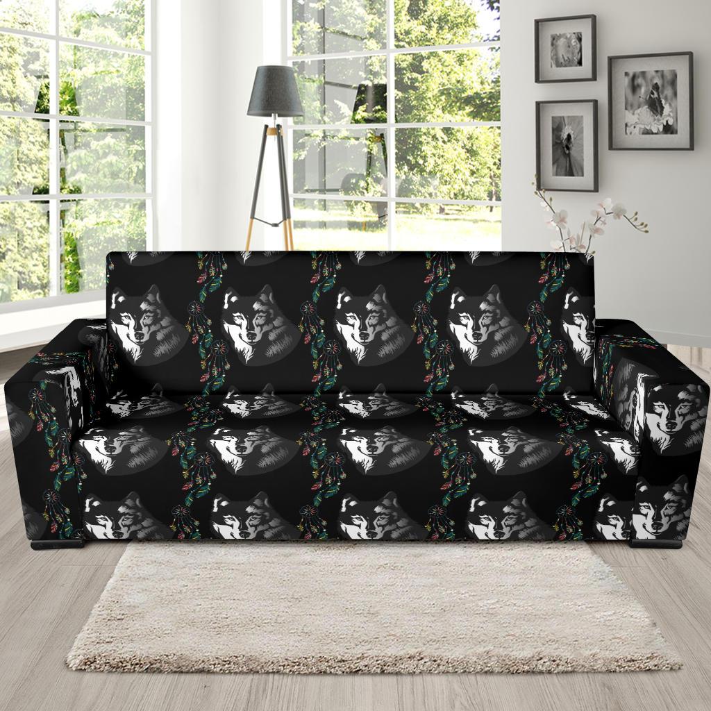 Wolf Black Dream Catcher Design Print Sofa Slipcover-JTAMIGO.COM