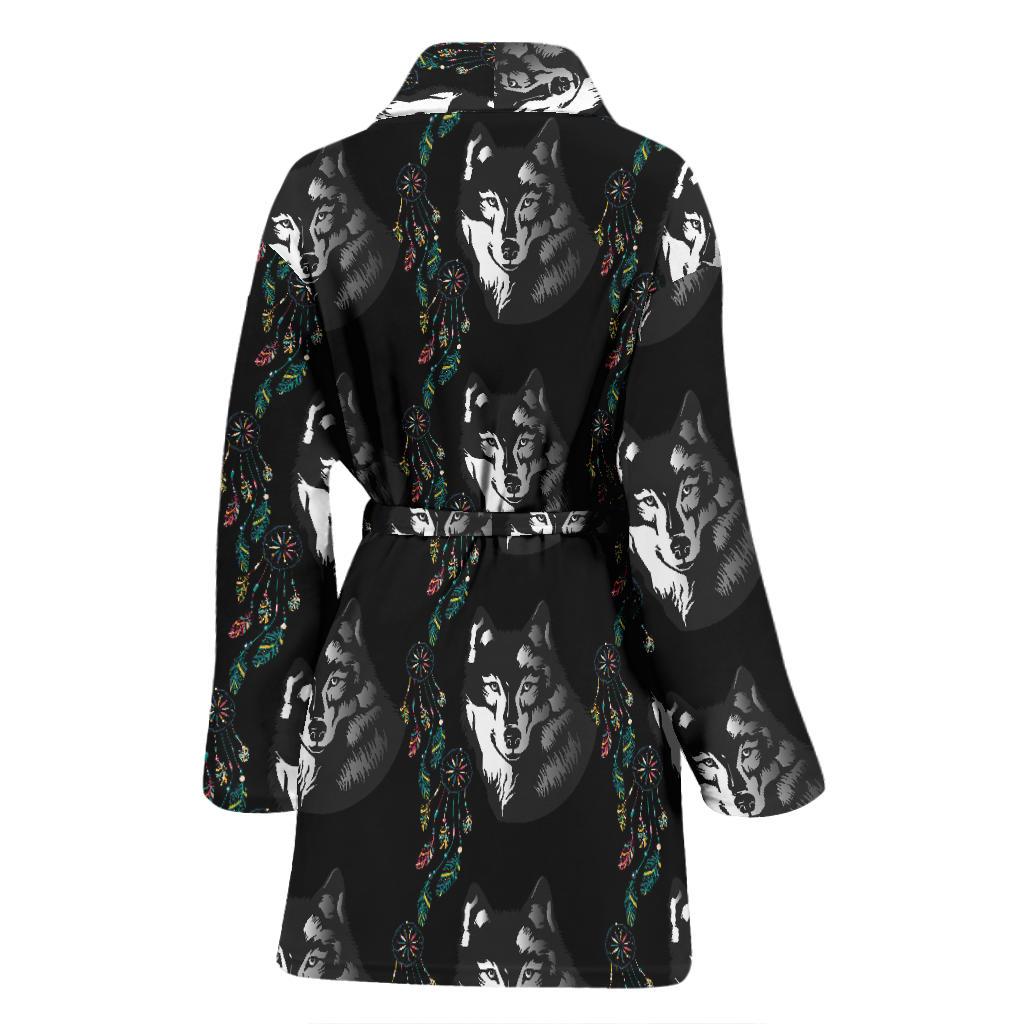 Wolf Black Dream Catcher Design Print Women Bath Robe-JTAMIGO.COM