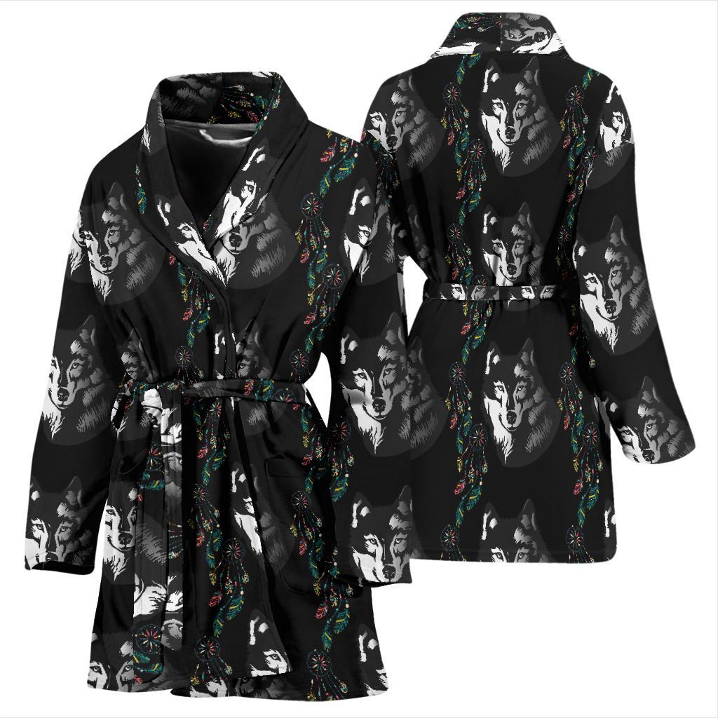 Wolf Black Dream Catcher Design Print Women Bath Robe-JTAMIGO.COM