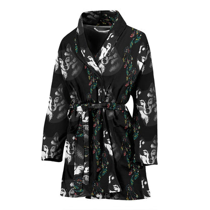 Wolf Black Dream Catcher Design Print Women Bath Robe-JTAMIGO.COM