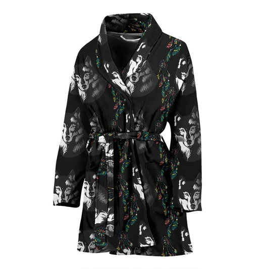 Wolf Black Dream Catcher Design Print Women Bath Robe-JTAMIGO.COM