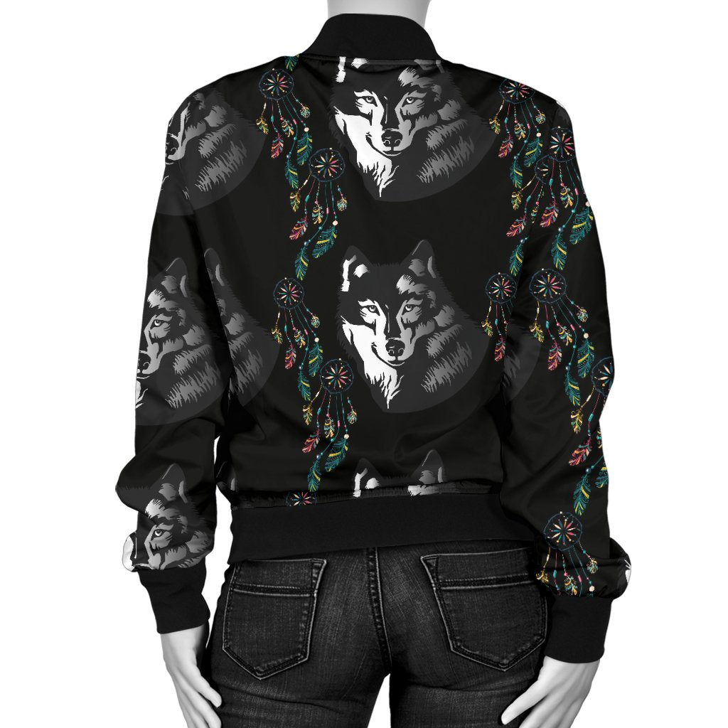 Wolf Black Dream Catcher Design Print Women Casual Bomber Jacket