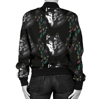 Wolf Black Dream Catcher Design Print Women Casual Bomber Jacket