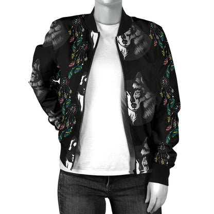 Wolf Black Dream Catcher Design Print Women Casual Bomber Jacket