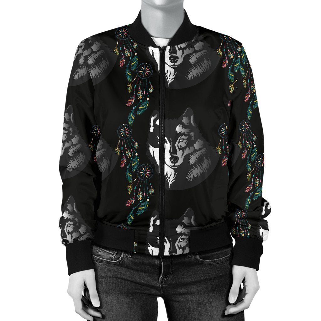 Wolf Black Dream Catcher Design Print Women Casual Bomber Jacket