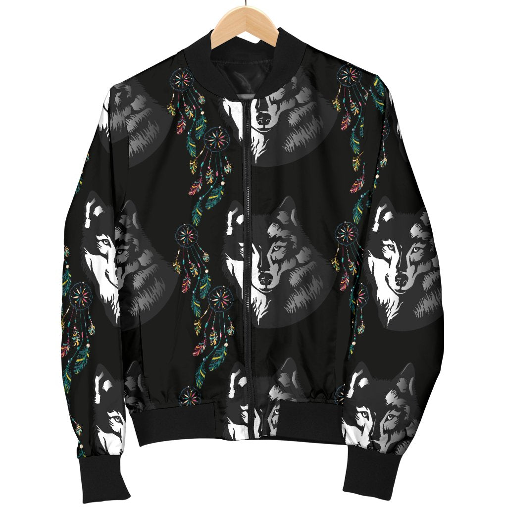 Wolf Black Dream Catcher Design Print Women Casual Bomber Jacket