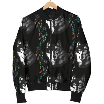 Wolf Black Dream Catcher Design Print Women Casual Bomber Jacket
