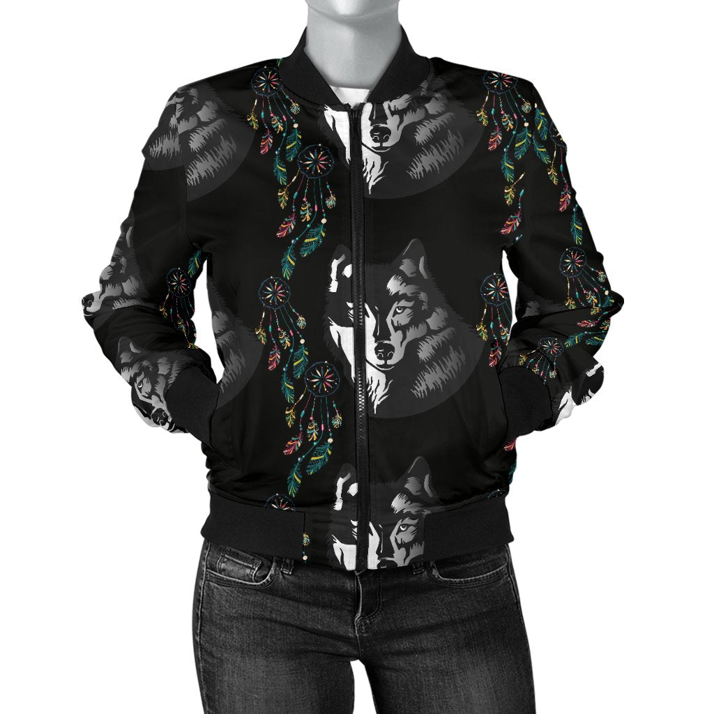 Wolf Black Dream Catcher Design Print Women Casual Bomber Jacket