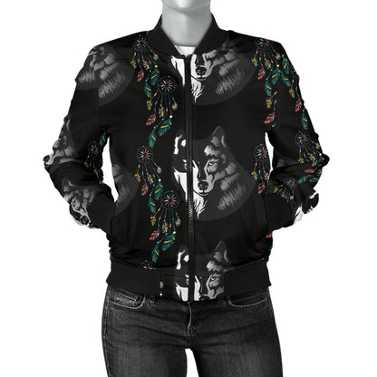 Wolf Black Dream Catcher Design Print Women Casual Bomber Jacket