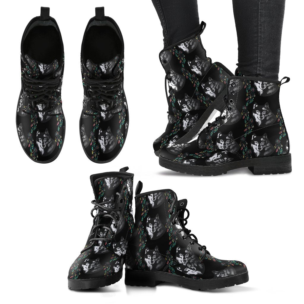 Wolf Black Dream Catcher Design Print Women Leather Boots-JTAMIGO.COM