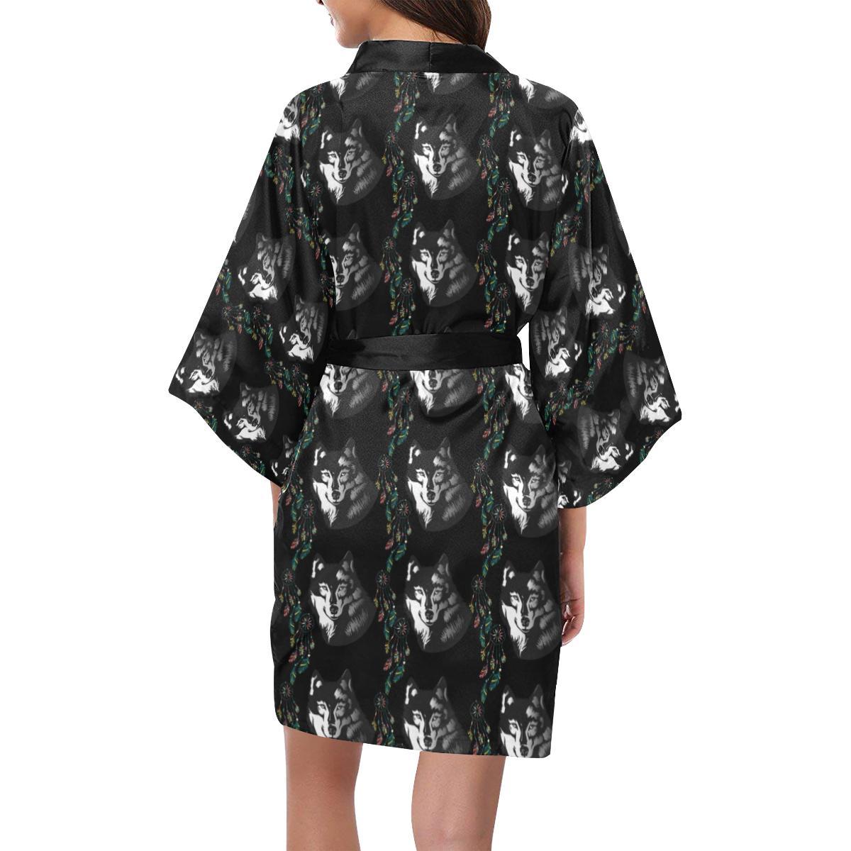Wolf Black Dream Catcher Design Print Women Short Kimono Robe