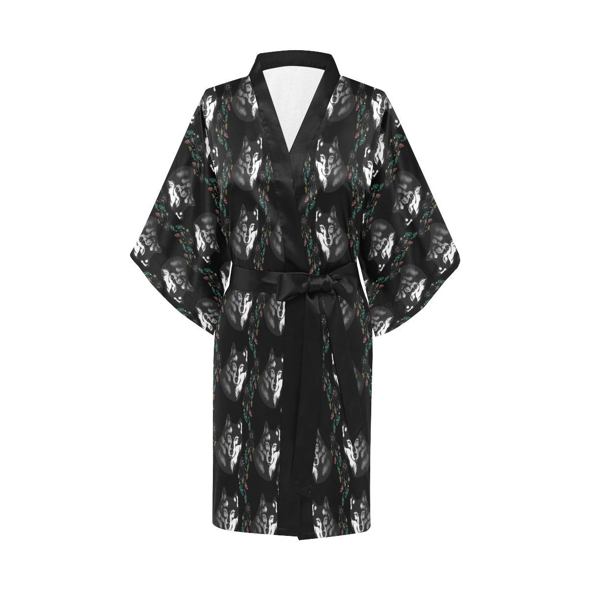 Wolf Black Dream Catcher Design Print Women Short Kimono Robe