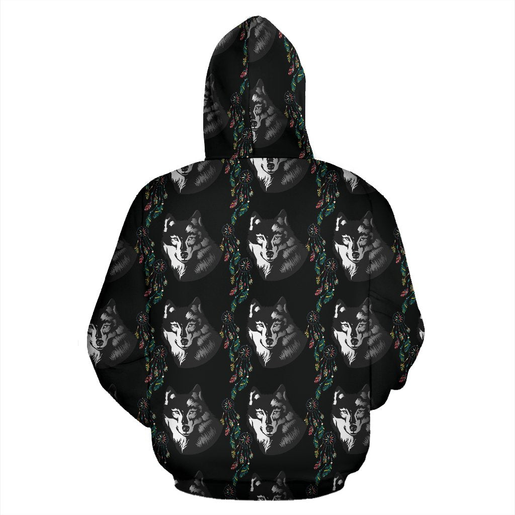 Wolf Black Dream Catcher Design Print Zip Up Hoodie