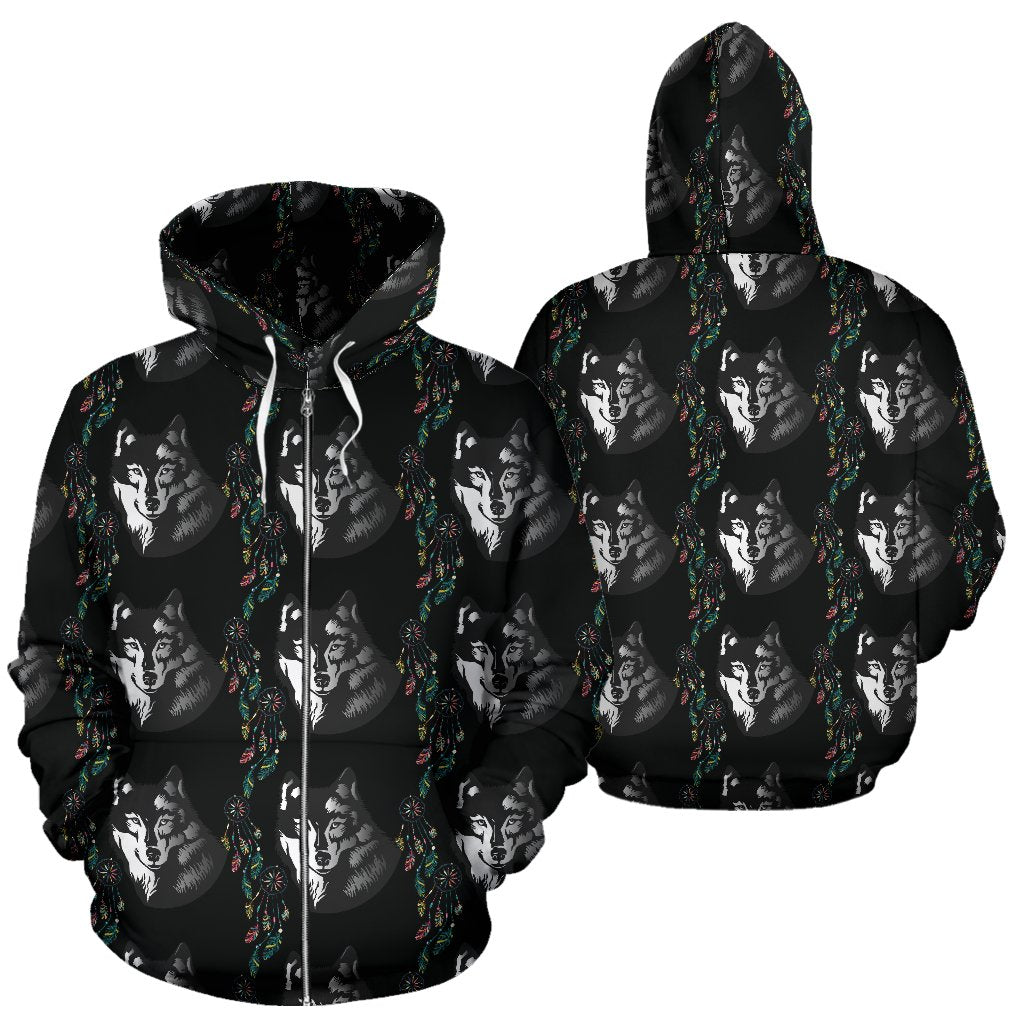 Wolf Black Dream Catcher Design Print Zip Up Hoodie